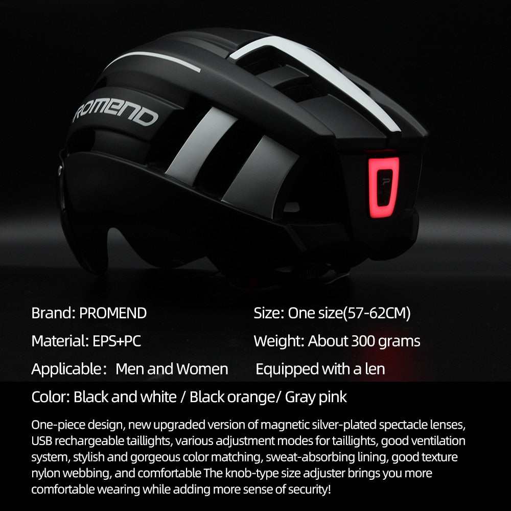 PROMEND Bicycle Helmet with LED Tail Light Detachable Windglasses Rechargeable Removable Road Bike Helmet Sport Safe Hat for Man
