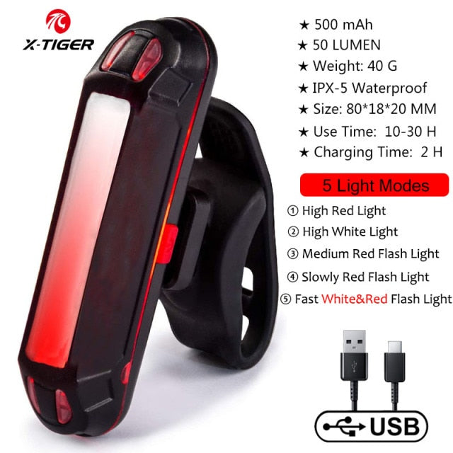 X-Tiger Bicycle Rear Light IPX-5 Waterproof USB Rechargeable LED Safety Warning Lamp Bike Flashing Accessories Cycling Taillight